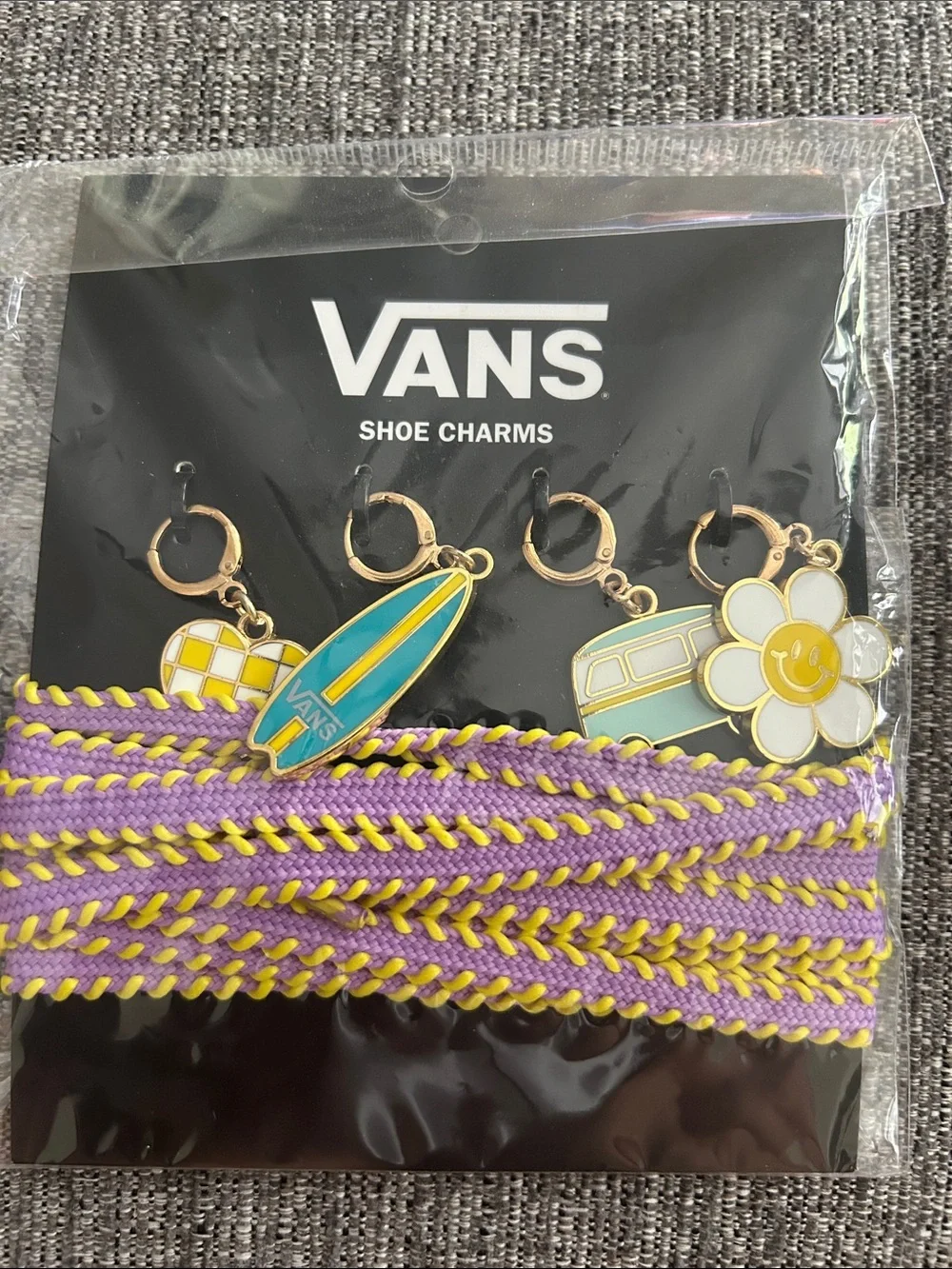Vans Purple, blue & Yellow Shoe Charms with Surfboard, Van, Daisy & surfboard